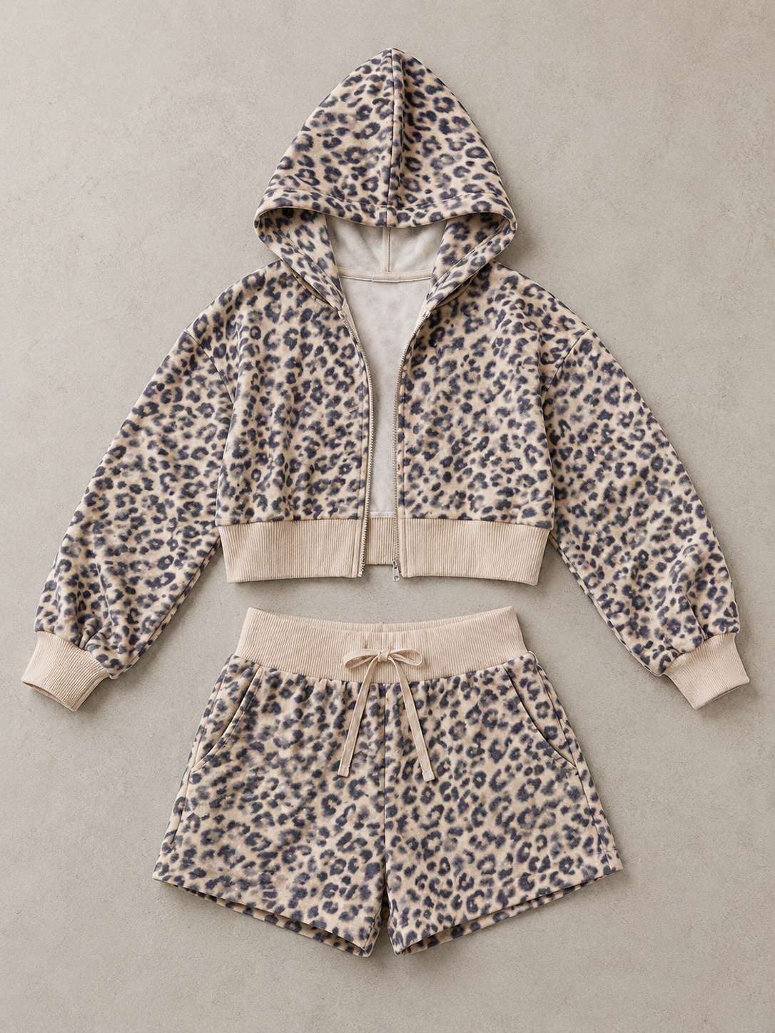 Leopard Zip Up Hoodie/Shorts SET